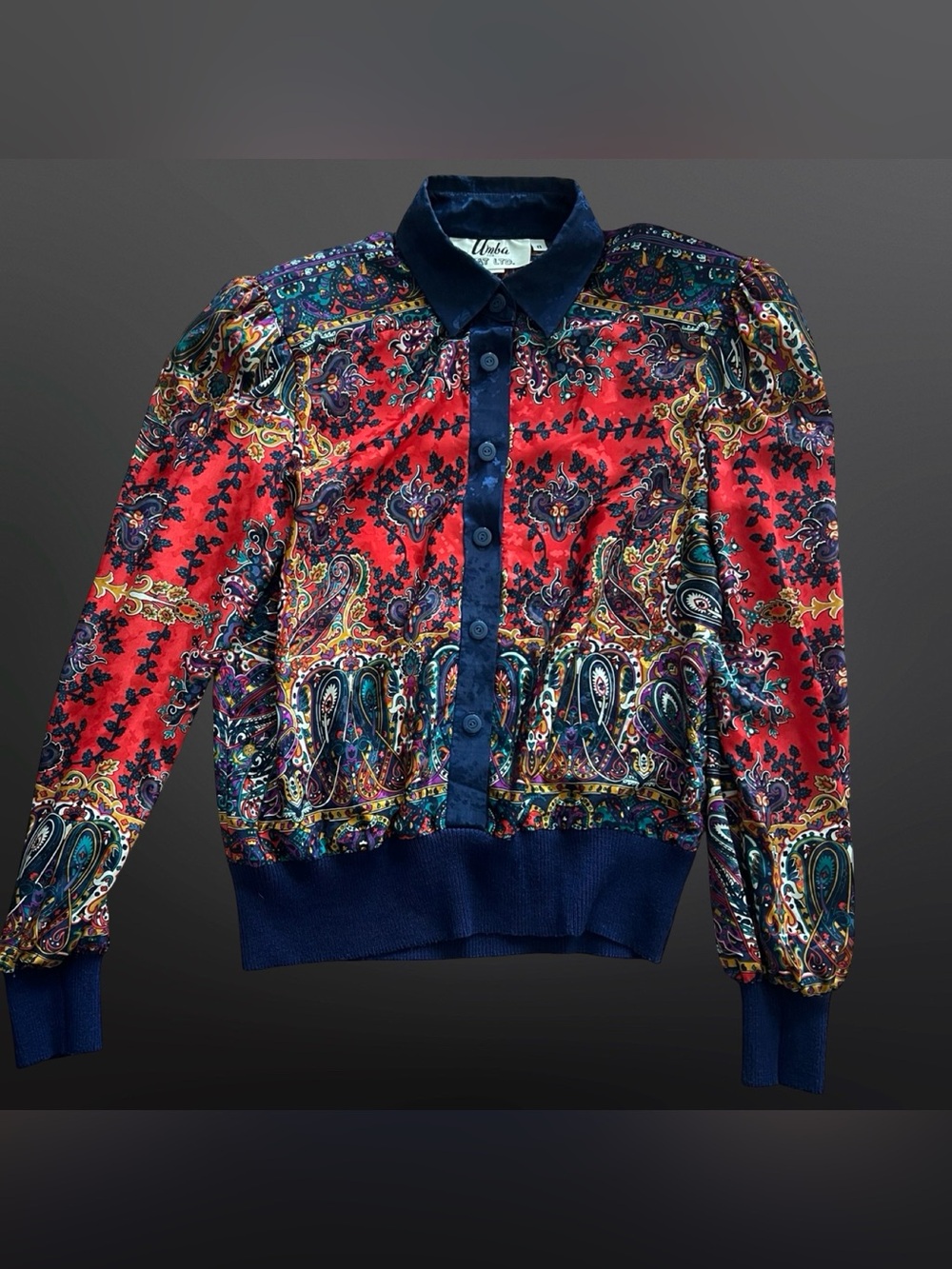 80s Umba for Piat Ltd Blouse Sz 8 Paisley Baroque Shoulder Pads Puff Sleeve